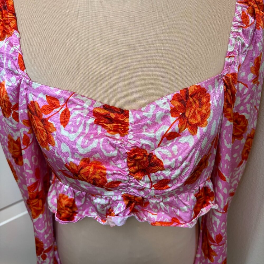Topshop Rose Animal Print Satin Long Sleeve Crop Top Pink Red Size 8 #187 - Picture 3 of 11